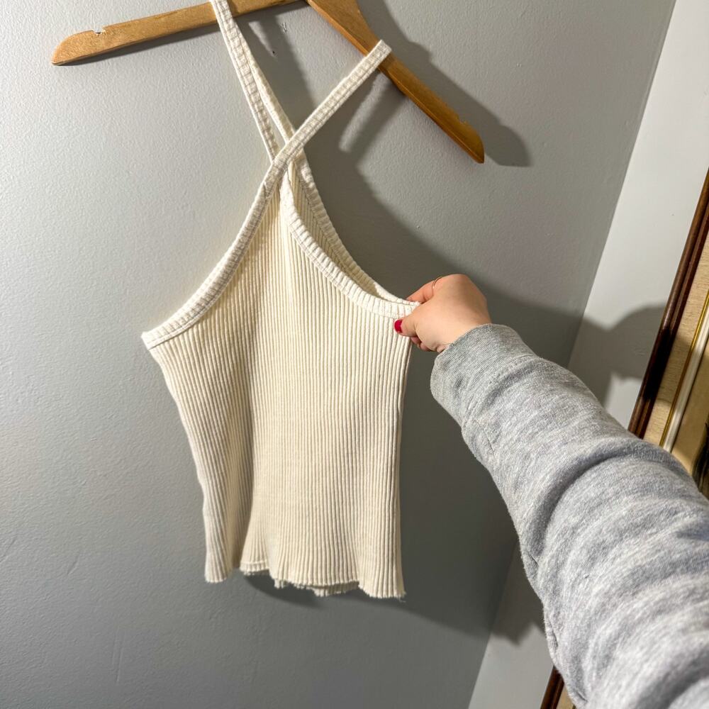 T.La Anthropologie Ivory Ribbed Knit Halter Tank Top Cream Cotton Small